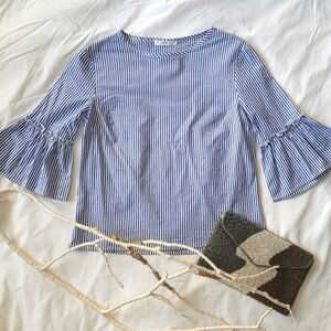 Ripe | Cotton Blend Blue & White Striped Bell Sleeve Top